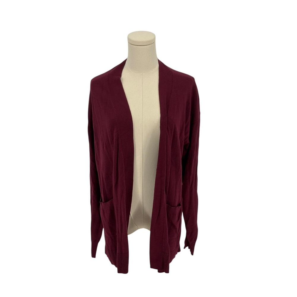 Ava & Viv Cardigan Womens X Open Front Knit Burgundy Pockets Long Sleeve